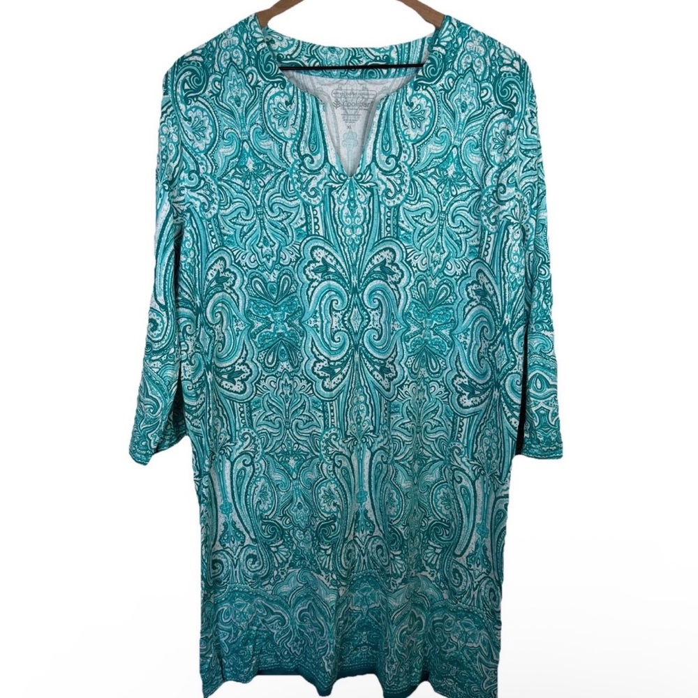 Coolibar Women’s Oceanside Tunic Dress Size XL Teal White Resortwear Beach UPF